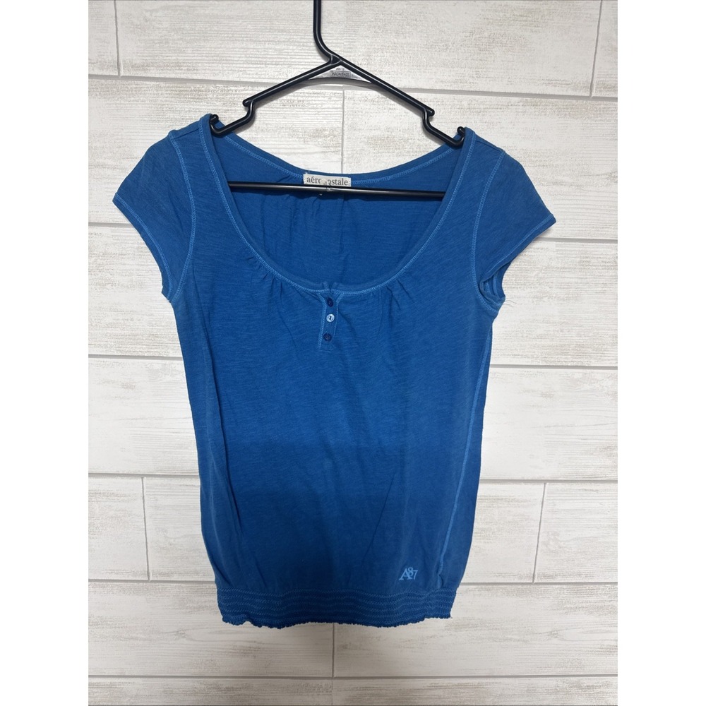 Y2K Aeropostale Henley Shirt Womens Medium Blue Baby Tee 3 button Cinch Waist